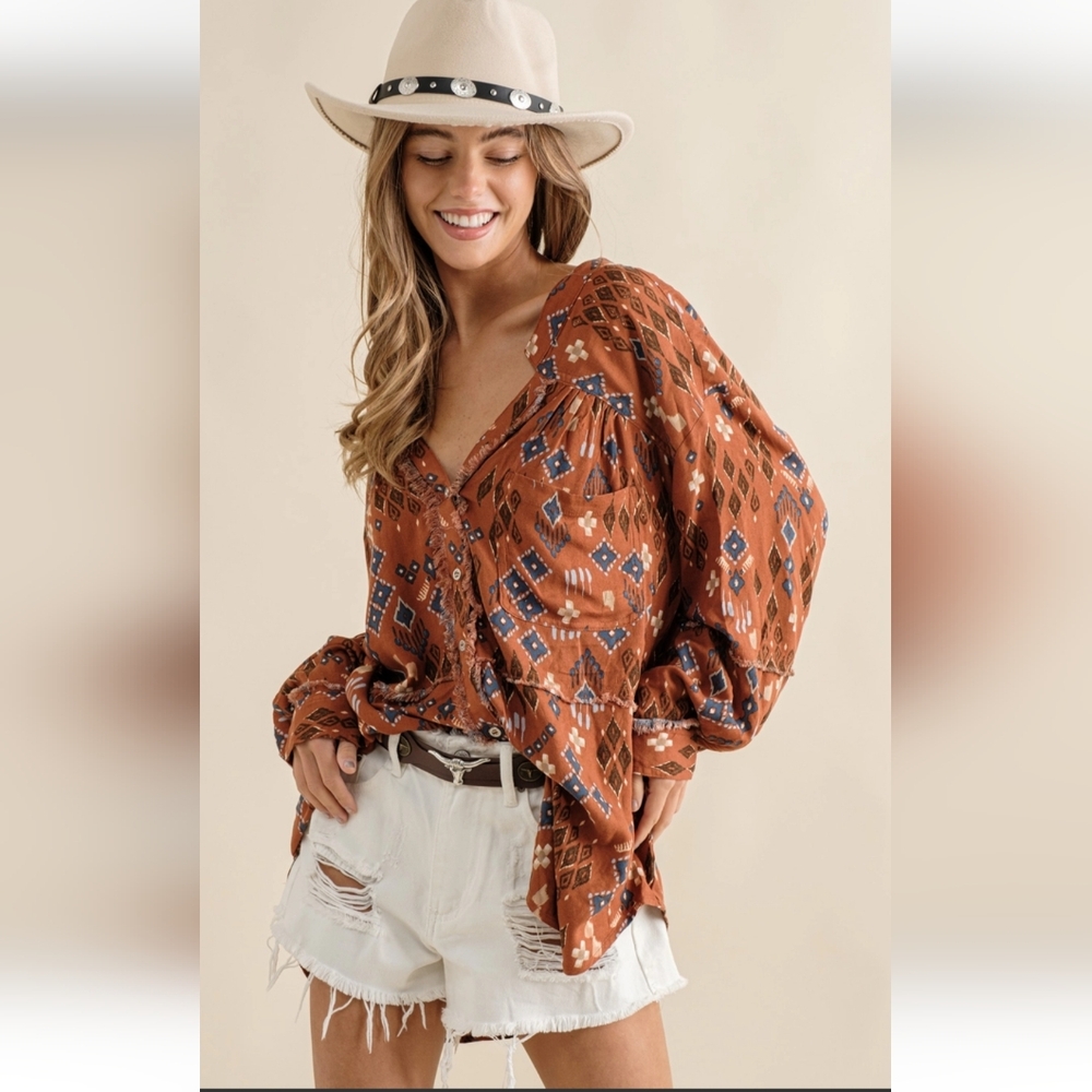 Bohemian Brown Patterned Women's Top